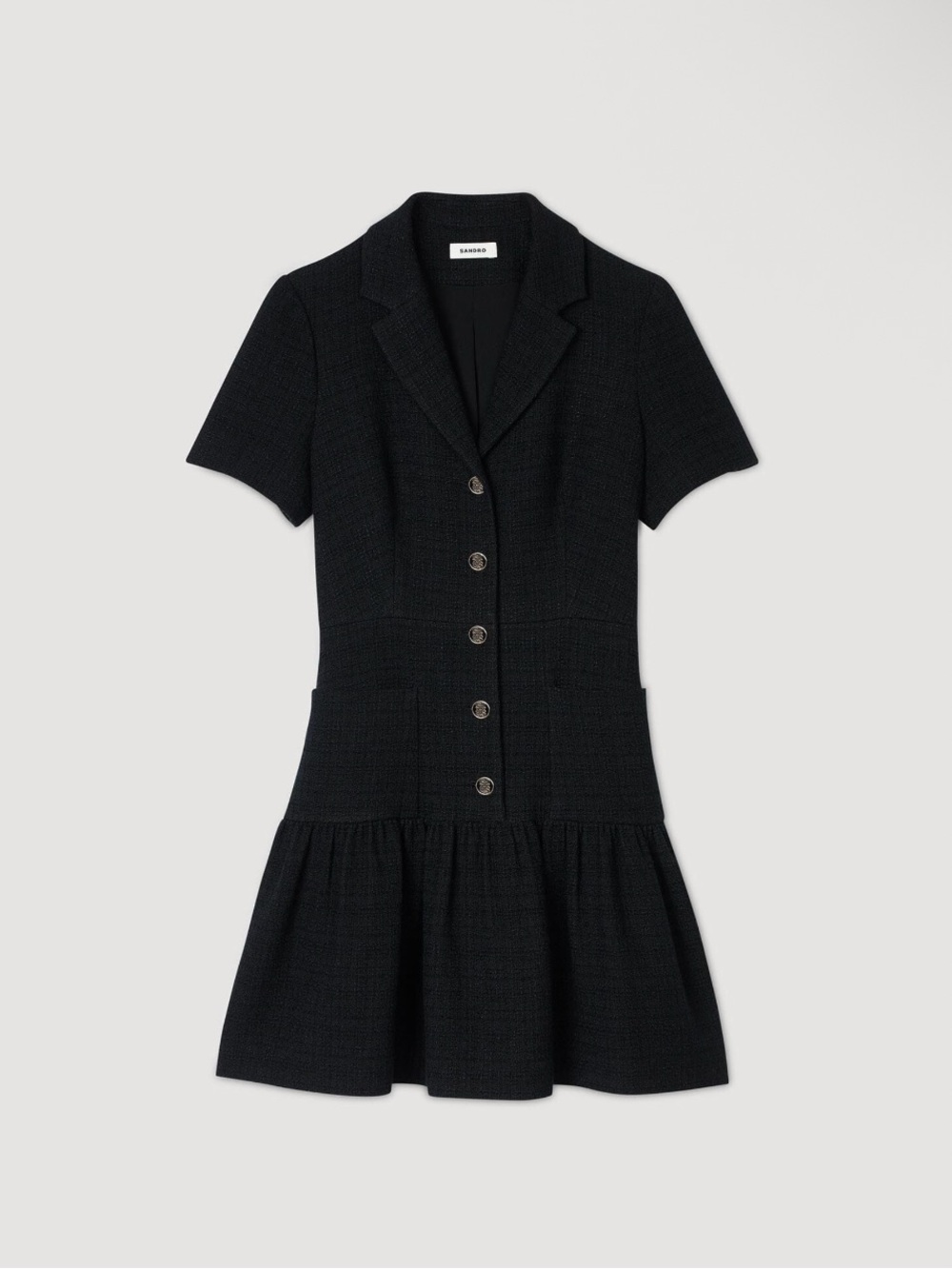 Sandro Black Short-Sleeve Button-Front Tweed Mini Dress - Picture 9 of 10